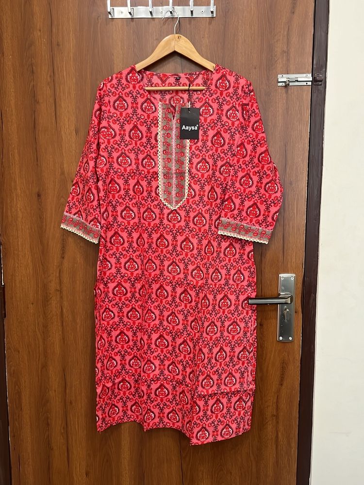 Red Floral Cotton Kurta For Women