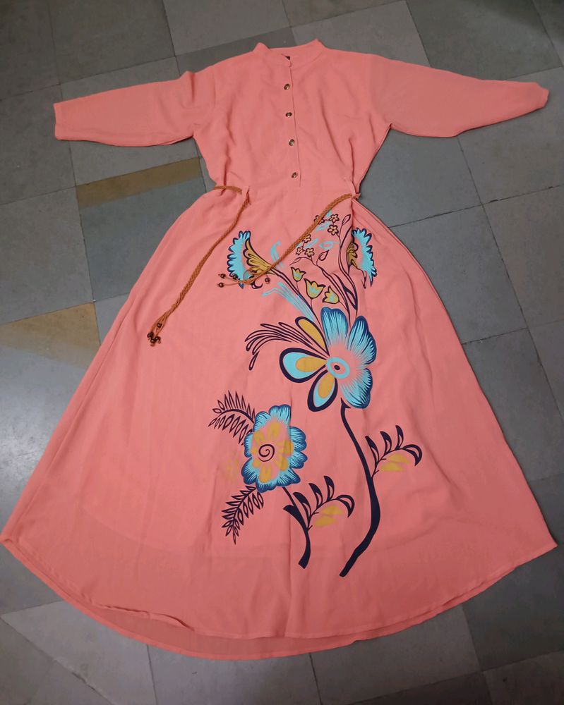 Beautiful Peach Printed Adjustable Frock