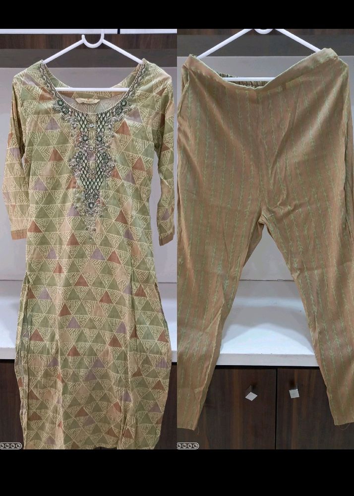 Cotton Silk Kurti Pant Set English Green Colour