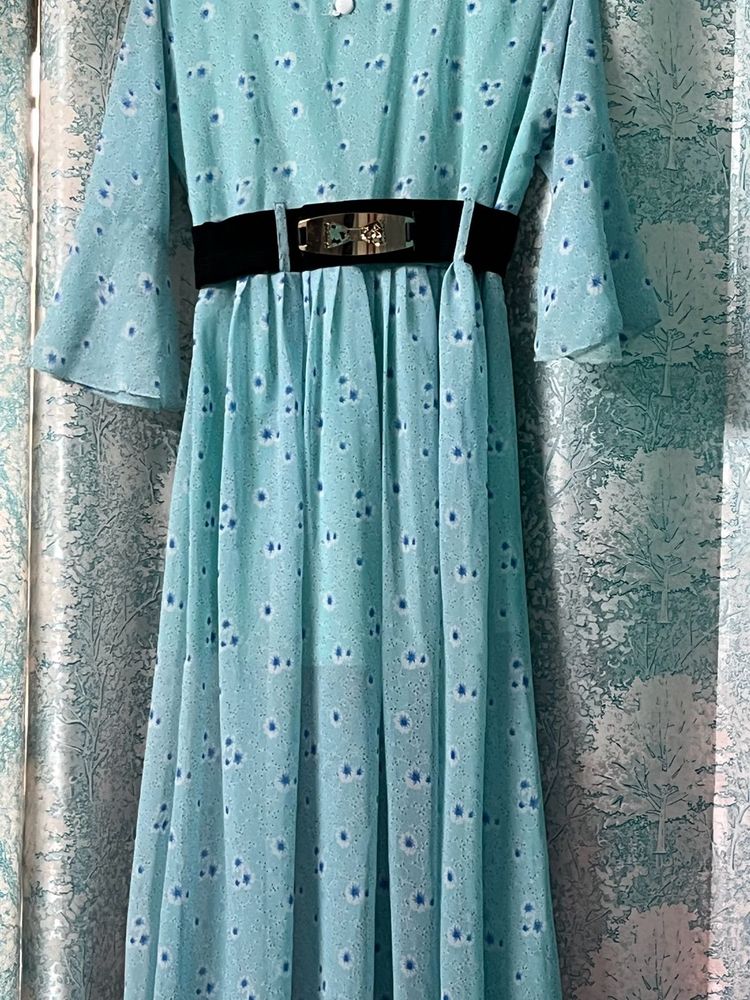 “Elegant Sky Blue Midi Dress with Black Belt”