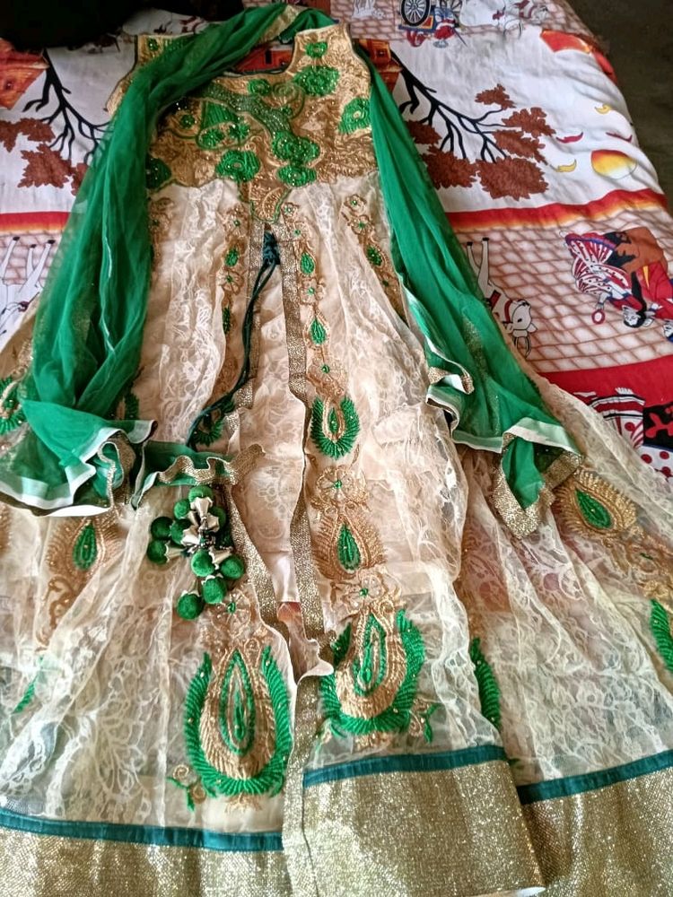 Creem Colour Frock Green Dupatta Only