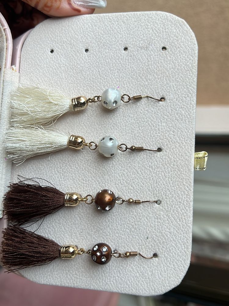 White And Brown Tassel Earrings