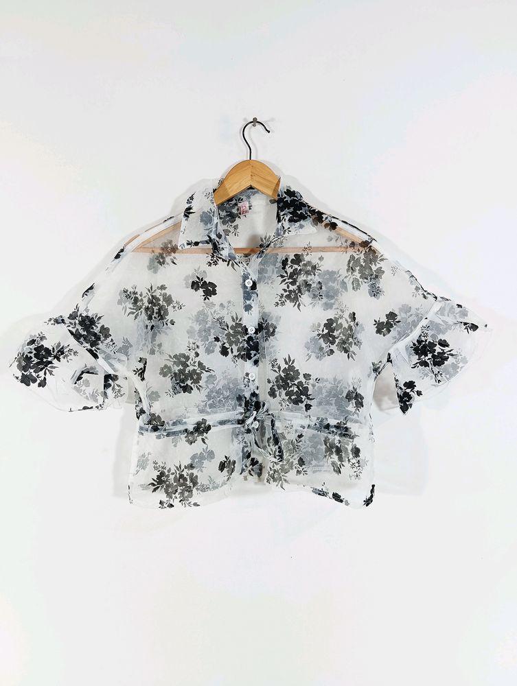 White Printed Transparent Casual Top (Women)