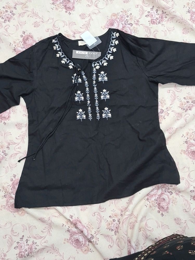 Branded Black Flower embroidery Cotton Top