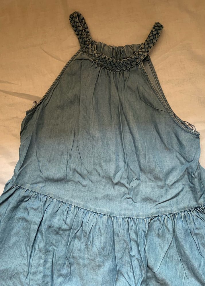 Blue Denim Halter Neck Full Length Dress