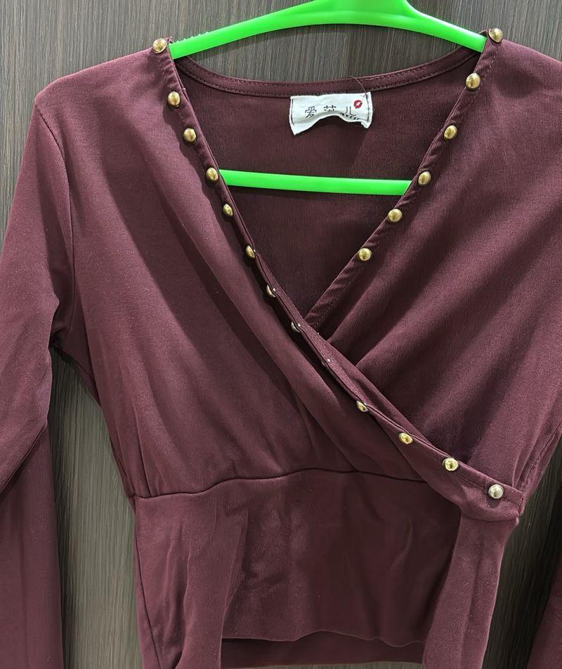 Y2K Burgundy V Neck Top