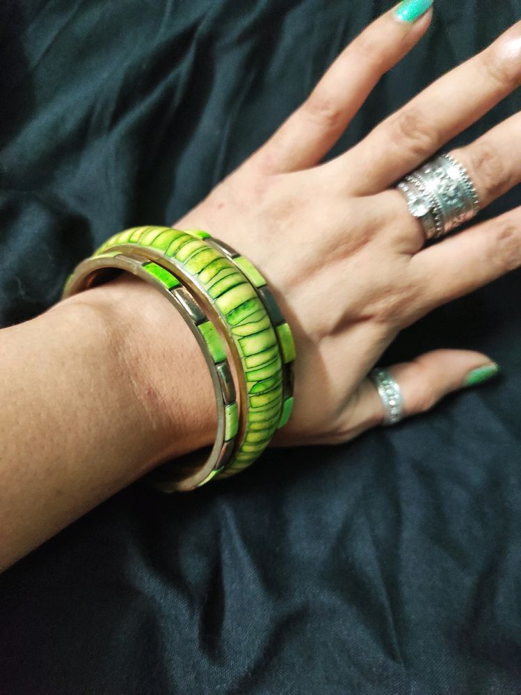 Pure Brass Vintage Green Meenakari Bangle Set