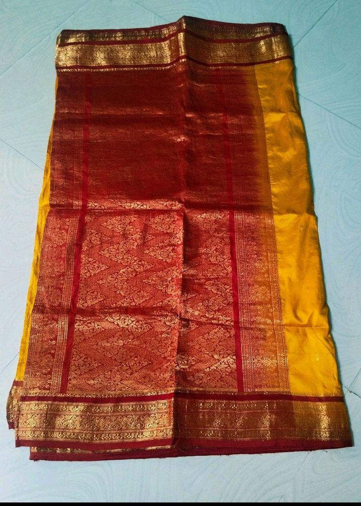 Yellow N Red Colour Pure Gadwal Saree