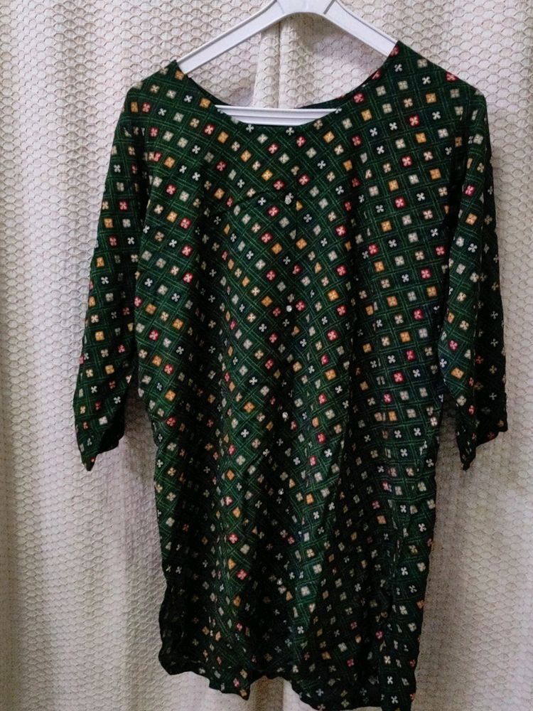 Forest Green Tunic With Multicolor Flower Pattern