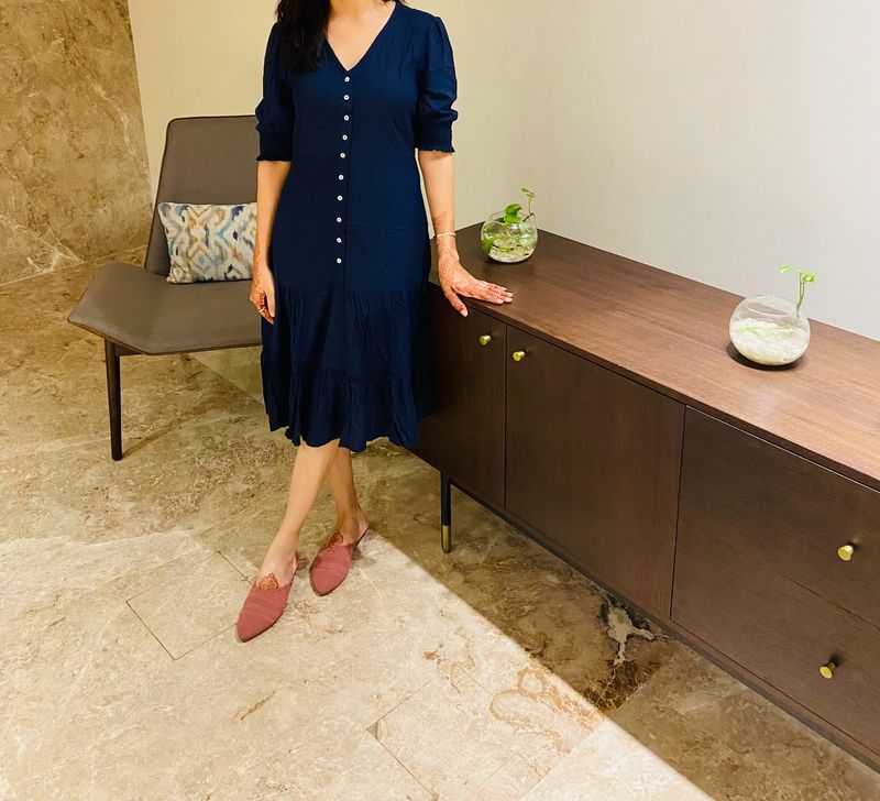 Navy Blue Cotton MIDI Dress