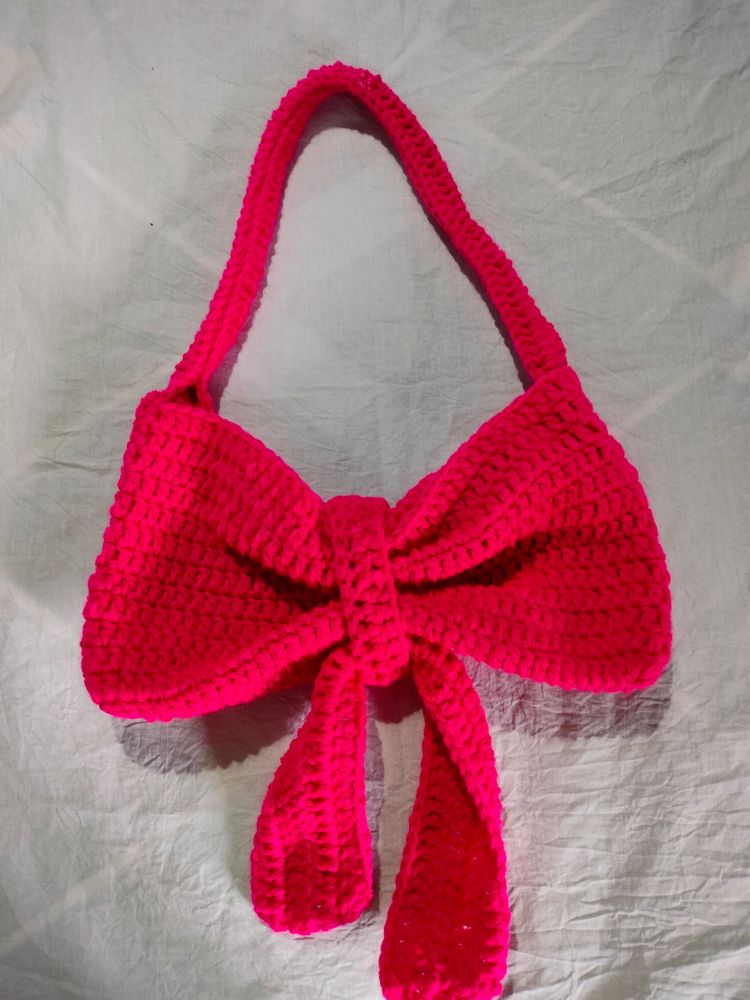 Hand Made Crochet Beautiful Bow Bag Bright Pink