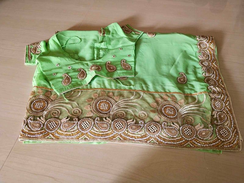 Parrot Green Sari With Blouse