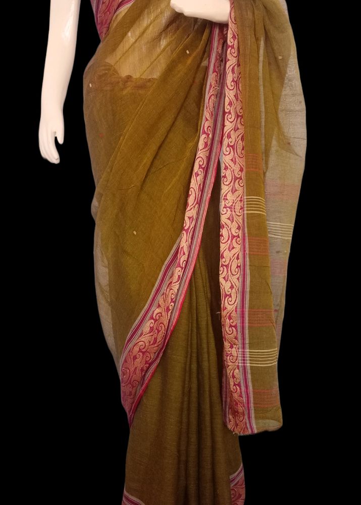 100% Handwoven Cotton Silk Saree In Olive Color