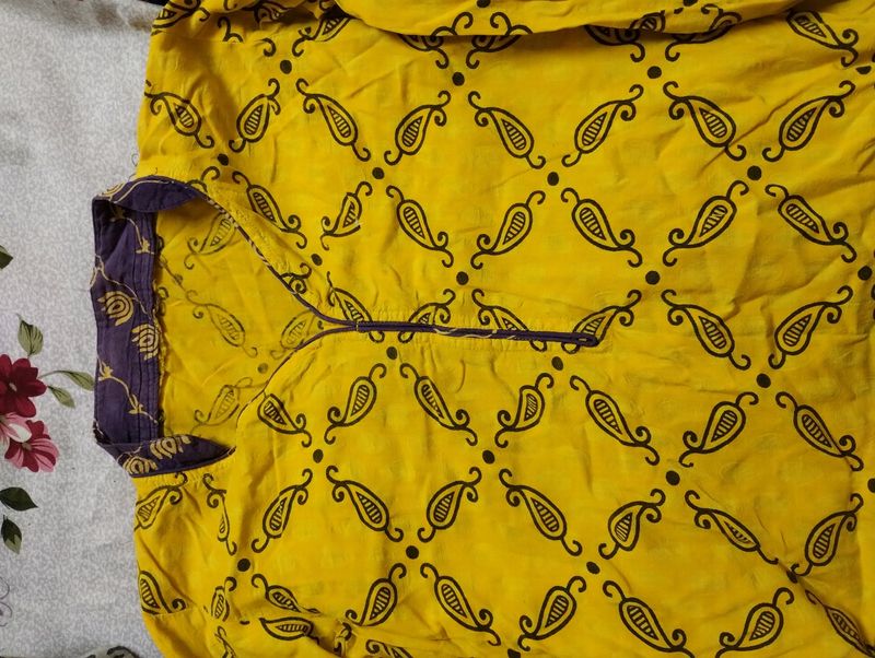 Yellow Kurta With Purple Design