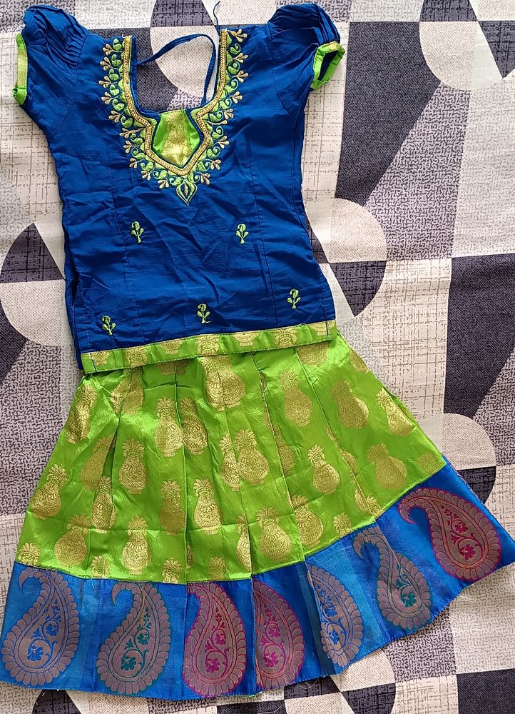 Chanderi Silk ,Green-Blue Pattu Pavadai For Girls