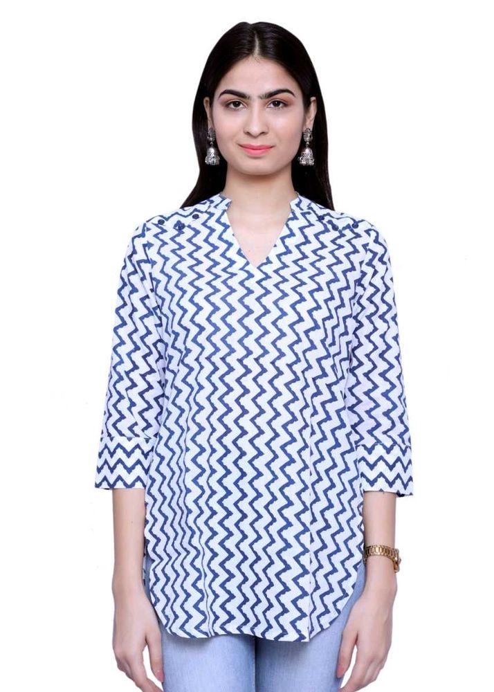 Short Kurti with White Base And Blue Stripe