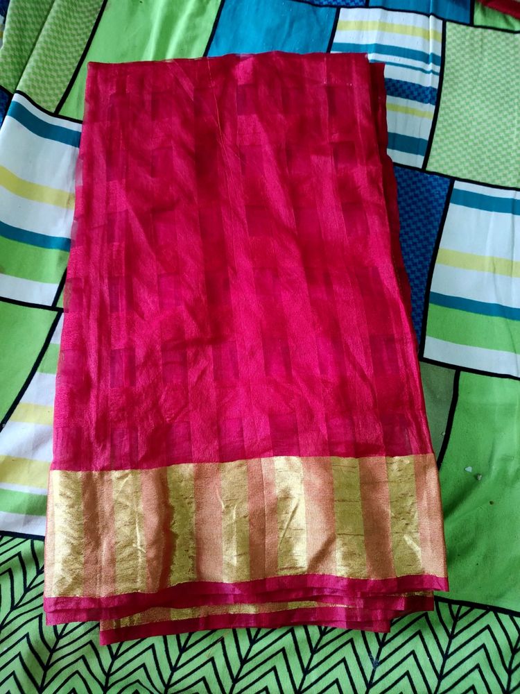 Cotton Red Saree With Golden Border