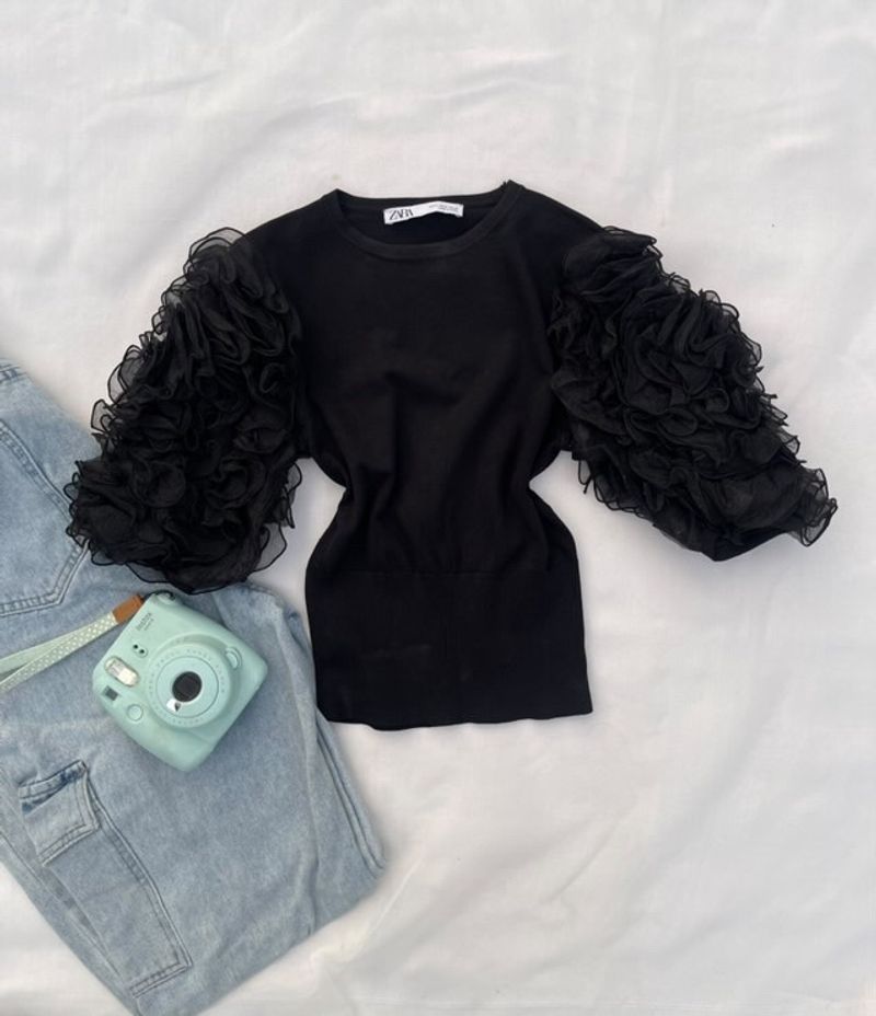 ZARA Ruffle Sleeves Black Top