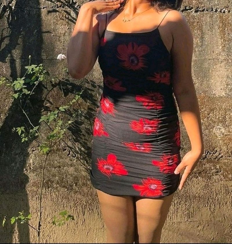 Floral Print Black Red Mini Dress