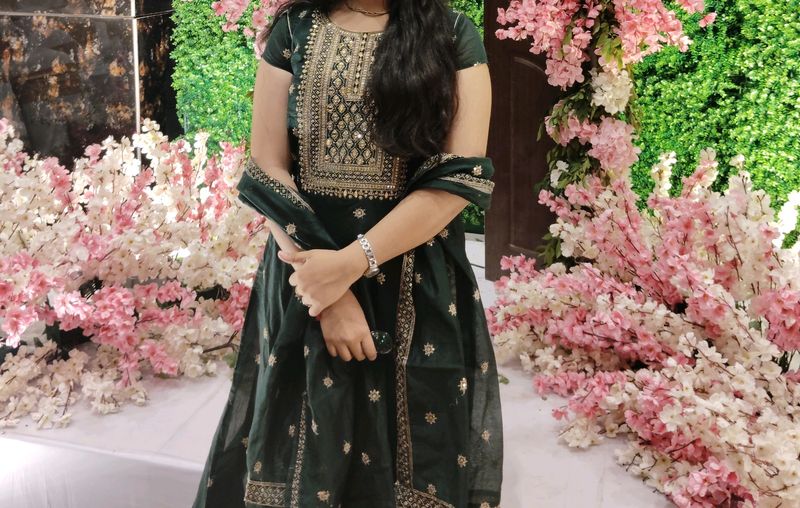 Beautiful Green Silk Gown With Dupatta.