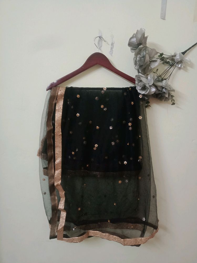 Black Dupatta With Golden Lace