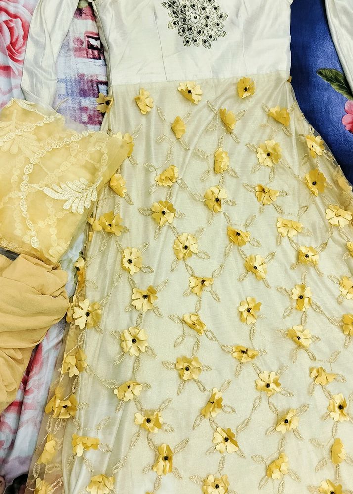 Cream And Lemon Colour Gown With Dupatta Bottom