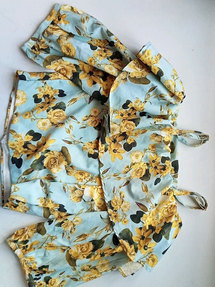 Blue Off Shoulder Crop Top With Yellow Floral Prin