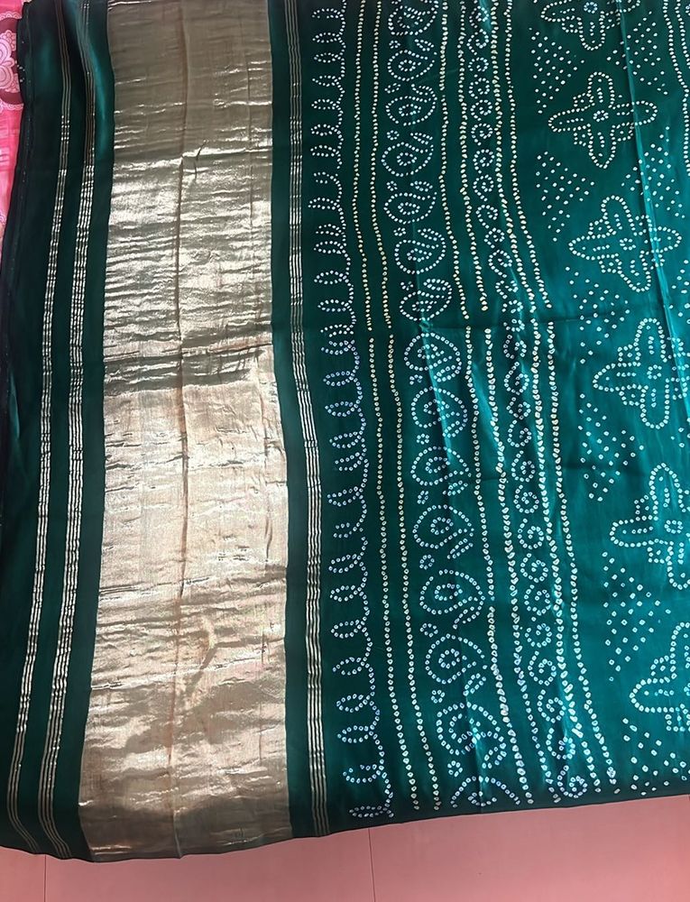 Bottle Green Silk Satin Bandhini With Zari Palu