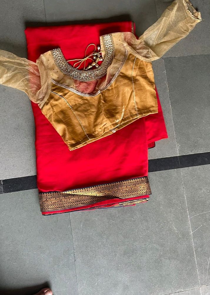 Red Saree With Golden Blouse