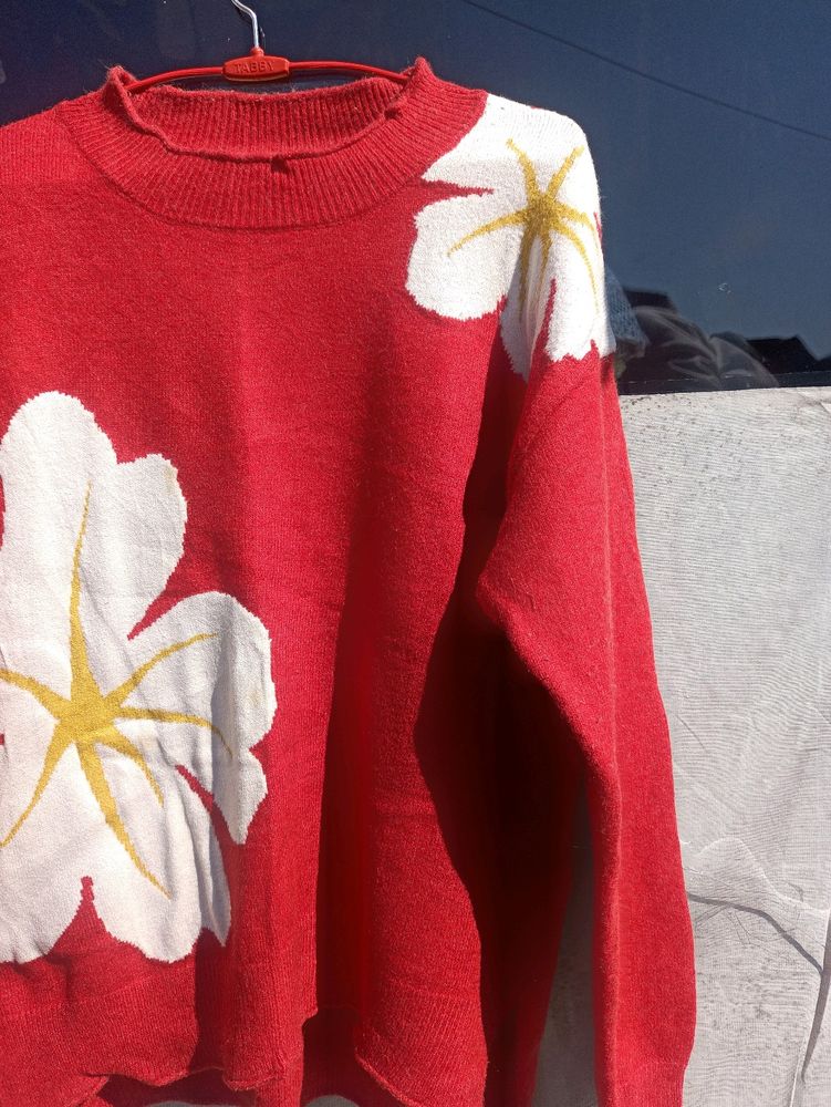 Red Sweatshirt With White Flowers