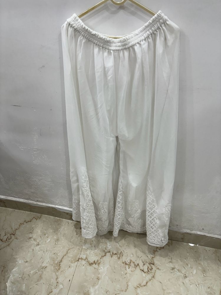 White Never Worn Chikan Embroidery Chiffon Trouser