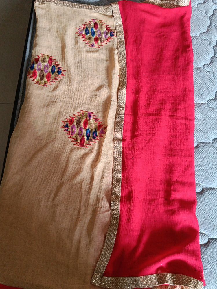 Red+Beige Colour Saree With Designer Blouse