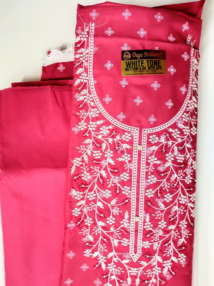 Cotton Blend Unstitched Suit With Neck Embroidery