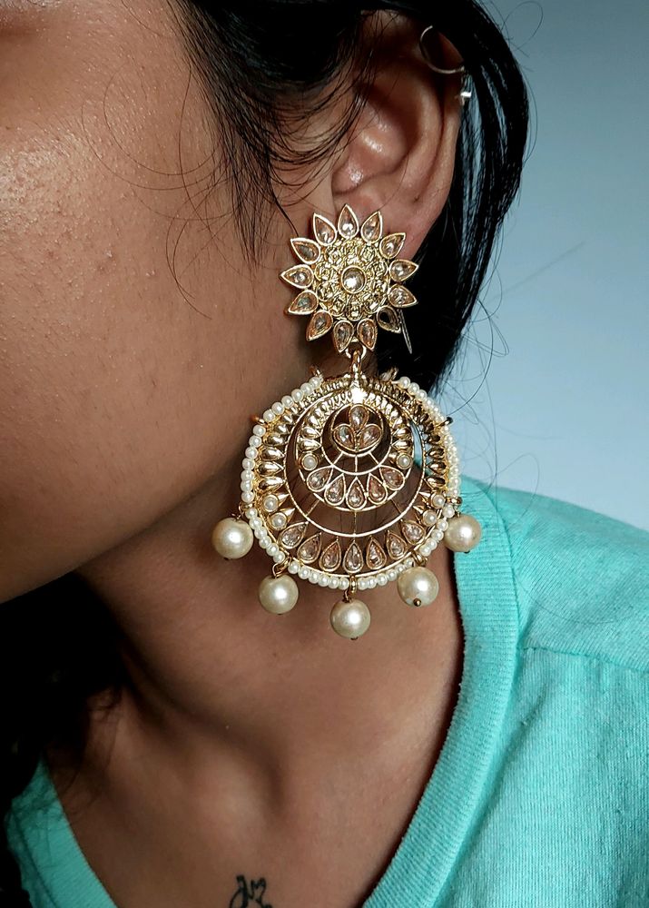 White Gold Pearl Kundan Chandbali Earrings