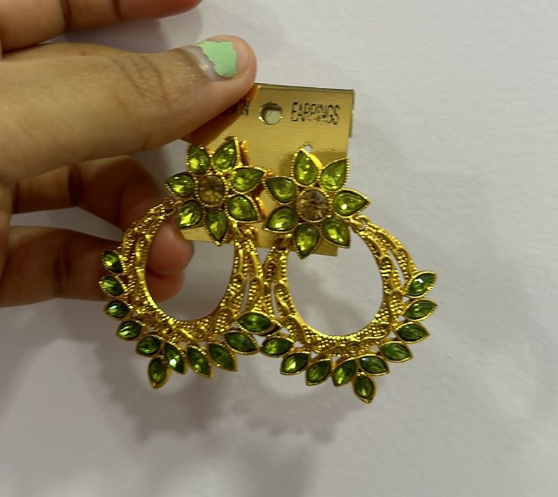 Elegant Golden Jhumkas with Green Stone for Women