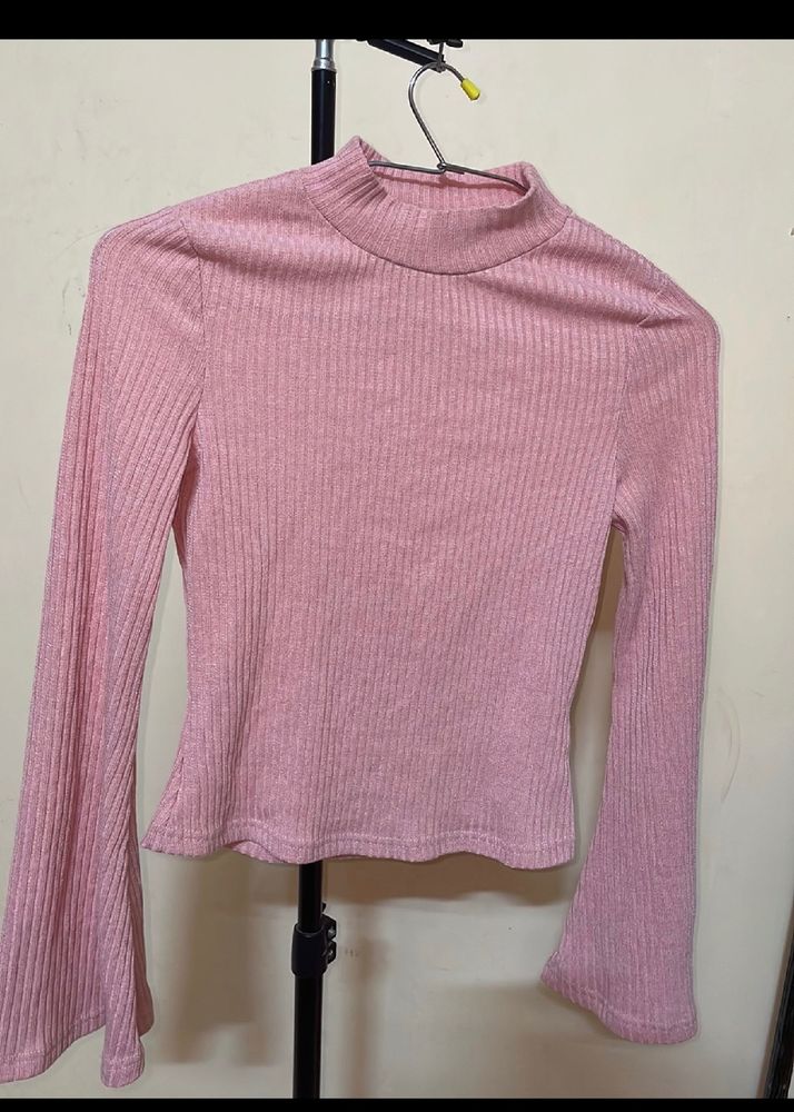 Shein Bell Shaped Sleeves Pink Ribbed Top