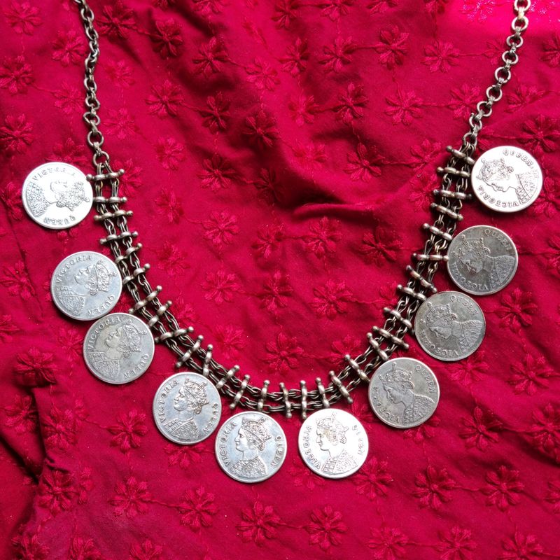 Victorian Coins Silver Replica Statement Necklace