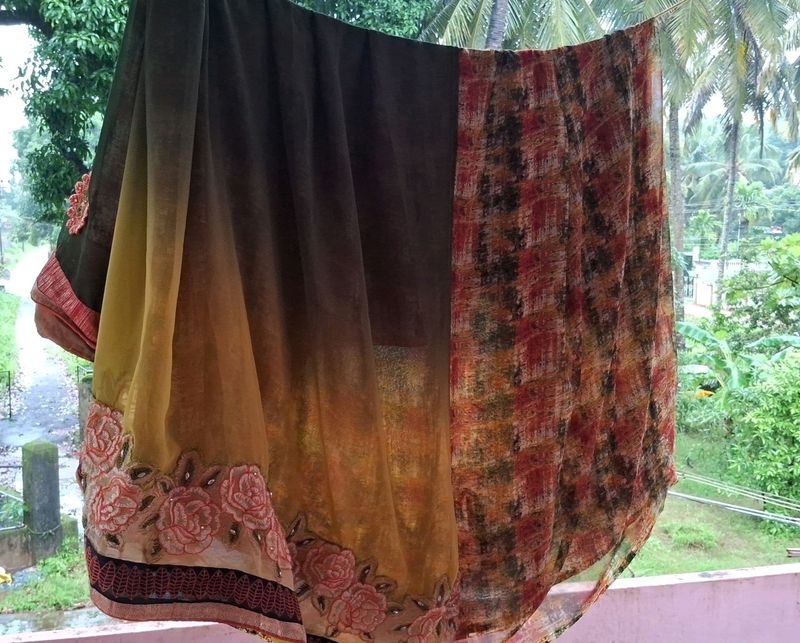 Half Shaded Used Saree With Golden Blouse.