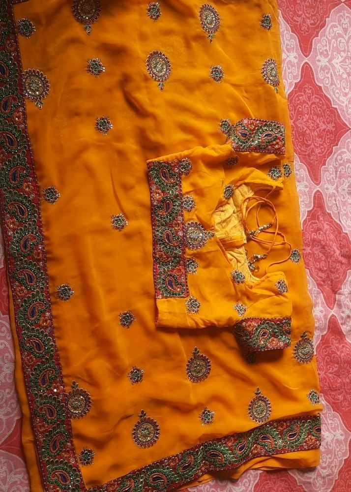 Embroidery Design Saree With Blouse