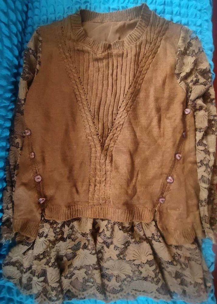 Brown Sweater Lace Dress