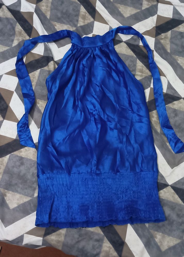 Blue Satin Halter Neck Top                                                           Wore 1 Time Only ,Looks Good In Real