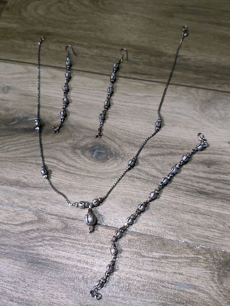 Oxidised Necklace With Earrings And Bracelet