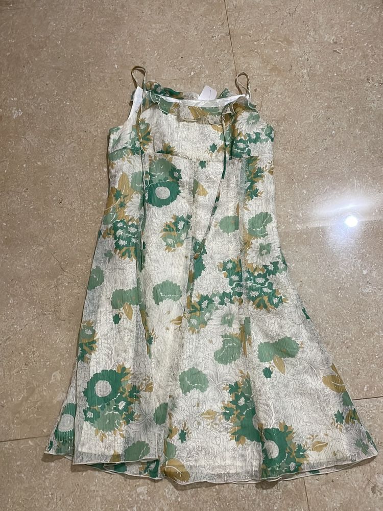 White And Green Shimmery Knee Length Dress