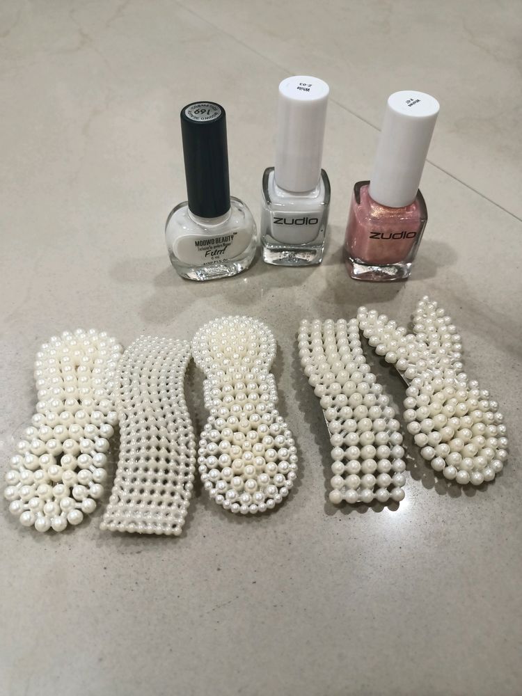 combo of 3 nail paint and 5 pearl hairclips