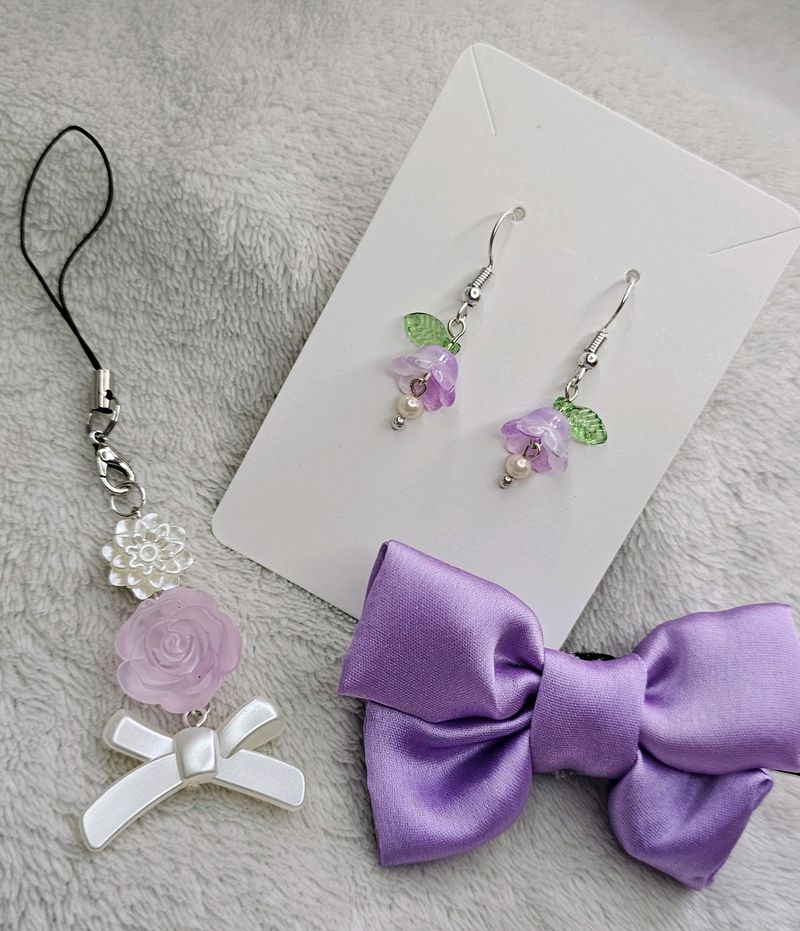 Purple Combo Set 💜 (Earrings, Bow, Phone Charm)