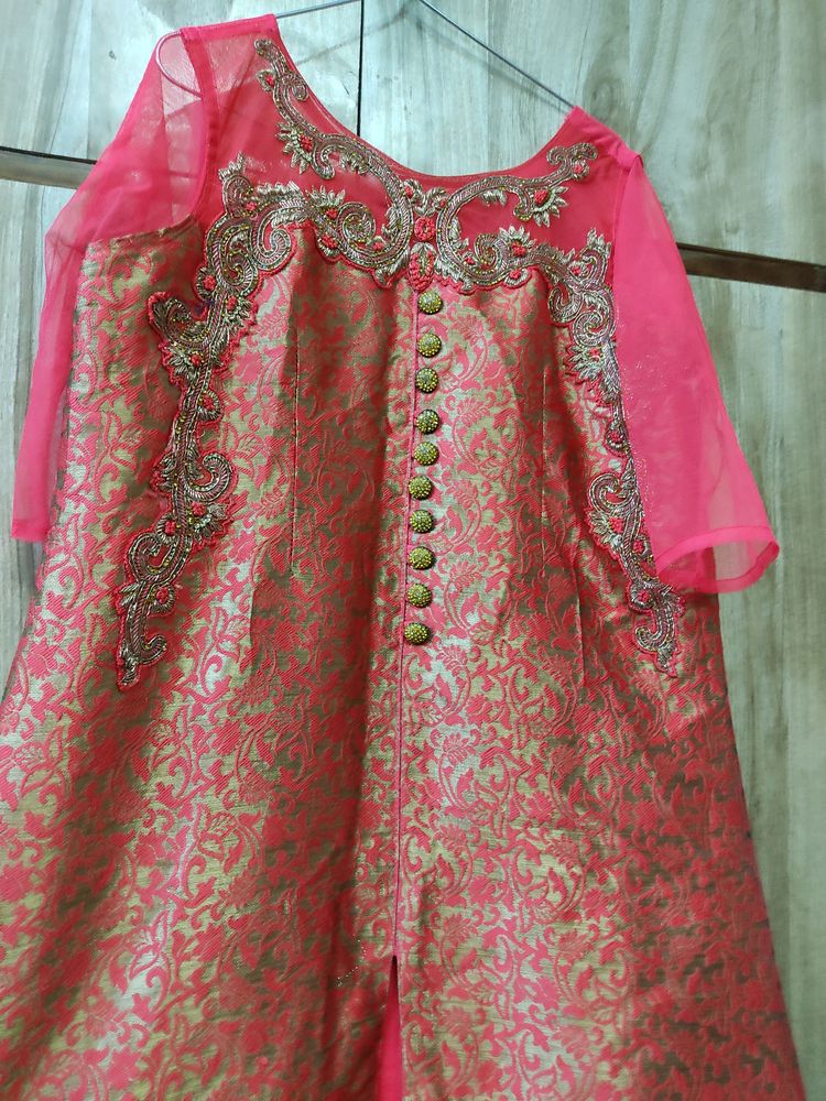 Pink Ethnic Front Cut Gown For Women