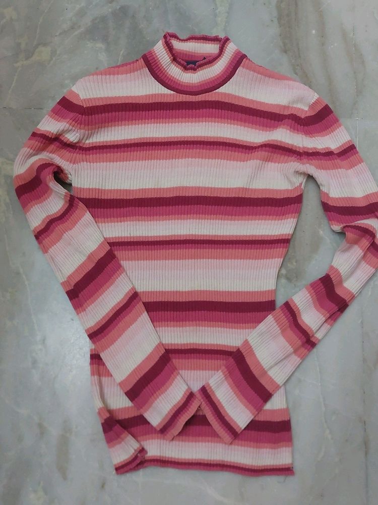 Pink Strips Stretchable Highneck