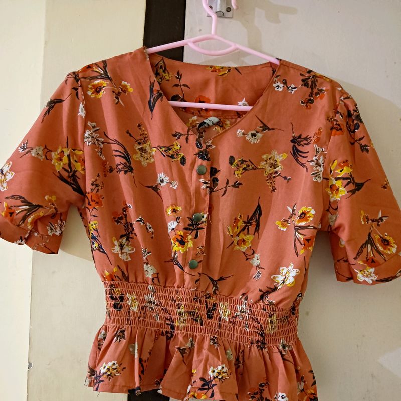 Women Peach Coloured & Black Floral Print Top