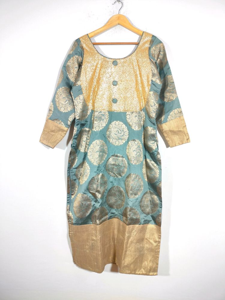 Grey With Gold Floral Print Ethnic Kurta (Women's)