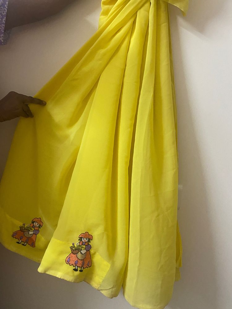 Lemon Yellow Color Silk Saree With Girl Embroidery